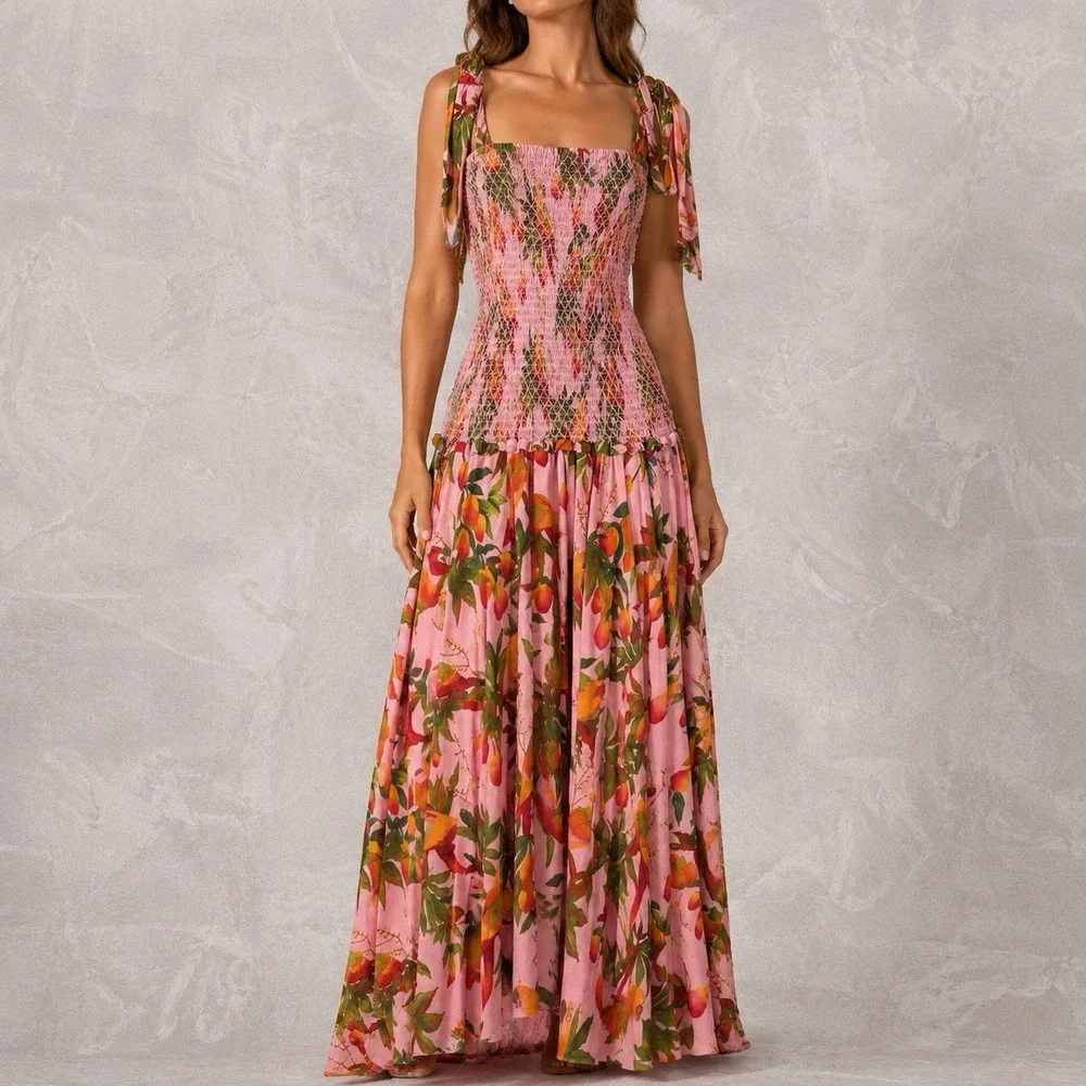 Farm Rio Mango Trees Smocked Bodice Midi Dress Womens Medium Pink Tropical